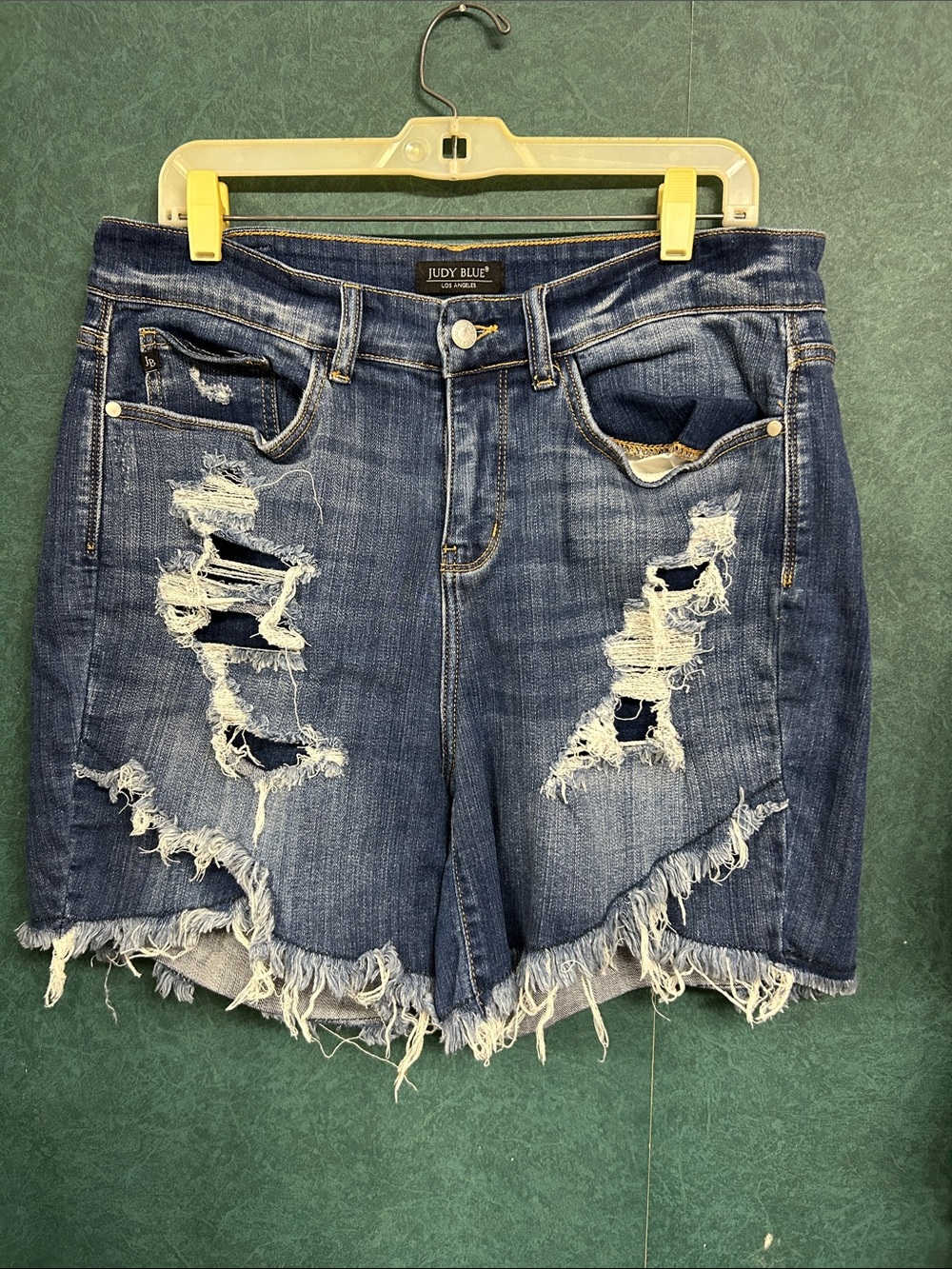 Judy Blue 1X Medium Wash Distressed Denim Shorts with Frayed Hem